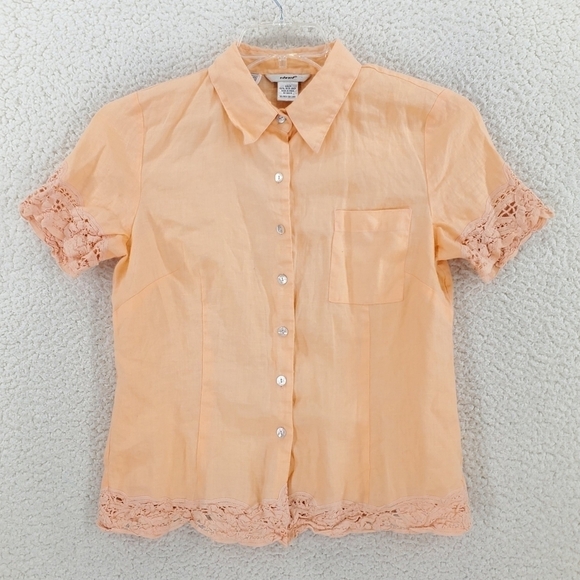 Edward Blouse M Peach Irish Linen Button Up SS Lace Embroidery Cottage Neutral - Picture 9 of 10
